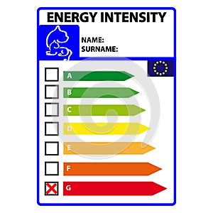 Funny energy efficience label for cat isolated on white background. Vector illustartion