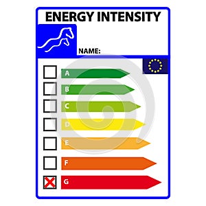 Funny energy efficience label for horse isolated on white background. Vector illustartion