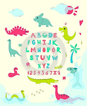 Funny english alphabet with cute dinosaurs. Educational poster for children. Various different dino babies snakes