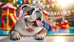 Funny English Bulldog in headphones in the park with copy space