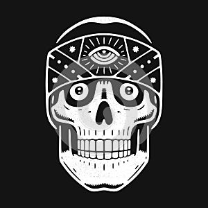 Funny engraved skull. Modern logo.