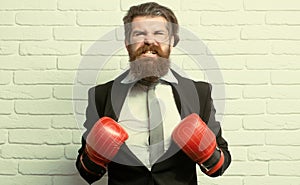 Funny excited businessman in boxing gloves. Disagreed business men, aggressive and angry while conflict.