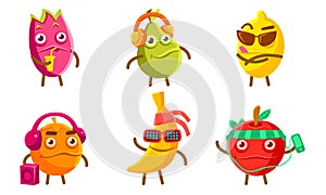 Funny Exotic Fruit Characters Set, Pitahaya, Pear, Lemon, Orange, Banana, Apple Different Activities Vector Illustration
