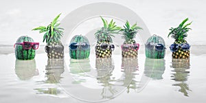 Funny exotic tropical fruits group on summer beach holiday party