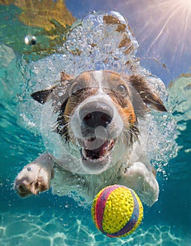 Funny expression on dog underwater as it tries to retrieve a ball.