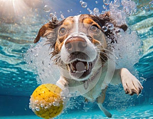 Funny expression on dog underwater as it tries to retrieve a ball.