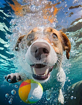 Funny expression on dog underwater as it tries to retrieve a ball.