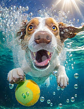 Funny expression on dog underwater as it tries to retrieve a ball.