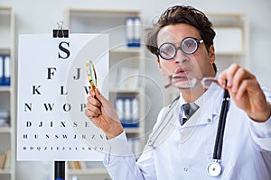 The funny eye doctor in humourous medical concept