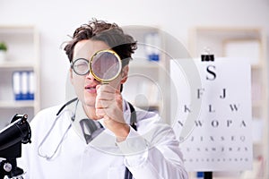 The funny eye doctor in humourous medical concept