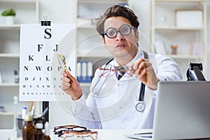 The funny eye doctor in humourous medical concept