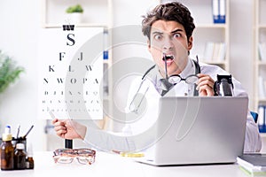 The funny eye doctor in humourous medical concept