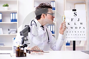 The funny eye doctor in humourous medical concept