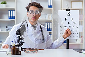 The funny eye doctor in humourous medical concept