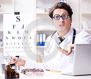 The funny eye doctor in humourous medical concept