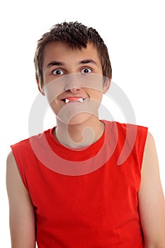 Funny face boy with dracula teeth candy