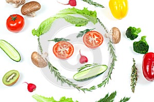 Funny face from different vegetables tomatoes, cucumber, radish, dill and rosemary isolated on white background. Healthy eating