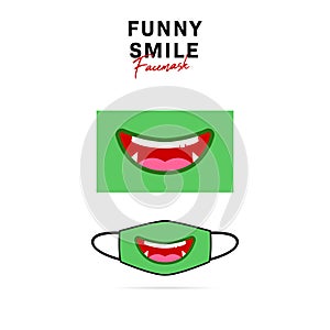 Funny face mask design with cute green orge goblin monster open big smile with sharp teeth vector illustration photo