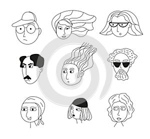 Funny faces doodle people set vector. Portraits of various men and women. Social networks, icons. Line hand drawn family