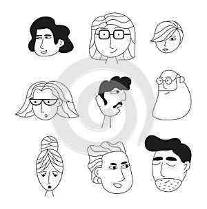 Funny faces doodle people set vector. Portraits of various men and women. Social networks, icons. Line hand drawn family