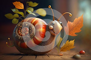 A funny fairytale snail in autumn between brown leaves