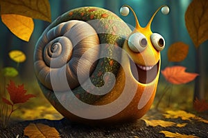 A funny fairytale snail in autumn between brown leaves