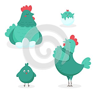 Ridicolo famiglia galline gallo un polli. grafico illustrazioni è un isolato su sfondo bianco 