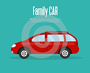 Funny family red car. Vector flat