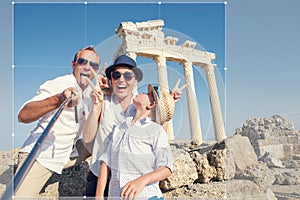Funny family take a selfie photo on Apollo Temple colonnade view