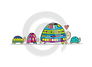 Funny family, turtle with children, sketch for your design