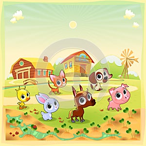 Funny farm animals in the garden