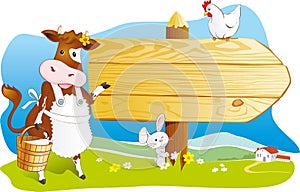 Funny farm animals, wooden signboard, copy space