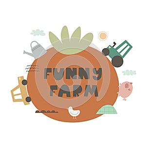 funny farm. Cute cartoon vegetable, décor element, hand drawing lettering. Vector colorful illustration for kids, flat style.