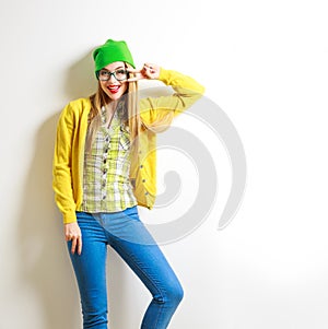 Funny Fashion Hipster Girl Smiling and Going Crazy