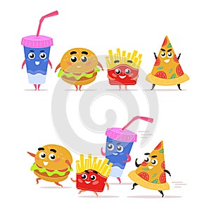 Funny fast food character . Happy hamburger with salad french fries slice pepperoni pizza glass of soda.