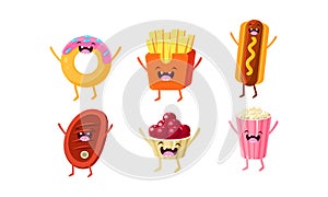 Funny fast food characters set, donut, french fries, hot dog, meat steak, ice cream, popcorn vector Illustration