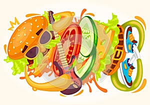 Funny fast food colorful music vector illustration sandwich, hamburger, cheeseburger character, bun, guitar, tasty burger king che