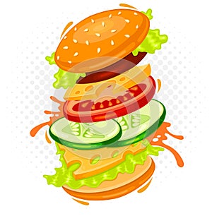 Funny fast food colorful vector illustration sandwich, hamburger, cheeseburger character, bun, tasty burger king cheese, t