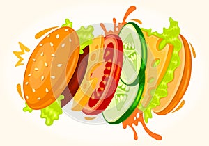 Funny fast food colorful vector illustration sandwich, hamburger, cheeseburger character, bun, tasty king burger, cheese, tomato,