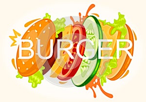 Funny fast food colorful vector illustration sandwich, hamburger, cheeseburger character, bun, tasty king burger, cheese, tomato,