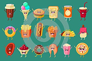 Funny fast food comic characters sett, ice cream, coffee, hot dog, pizza, french fries, toast, burger, soft drink, donut