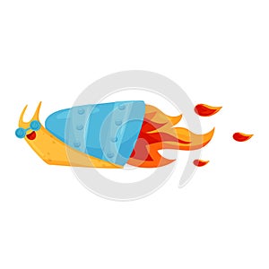 Funny fast snail with turbo speed booster and fire, cute mollusk cartoon character vector Illustration on a white