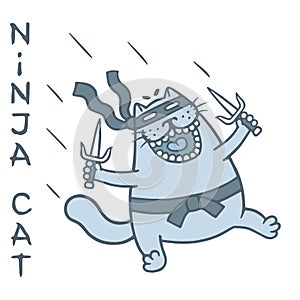 Funny fat cat warrior shadow attacks with daggers. Vector illustration.