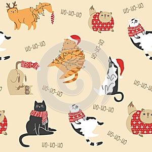 Funny fat cats in Christmas costumes. Kittens tangled in the garland. New Year pattern.