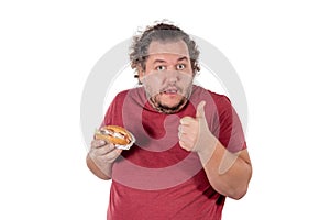 Funny fat man eating hamburger. Fast food, unhealty eat. Overweight and health problems