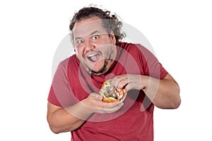 Funny fat man eating hamburger. Fast food, unhealty eat. Overweight and health problems