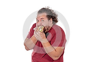 Funny fat man eating hamburger. Fast food, unhealty eat. Overweight and health problems