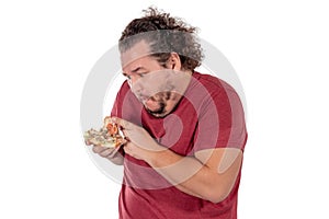 Funny fat man eating hamburger. Fast food, unhealty eat. Overweight and health problems