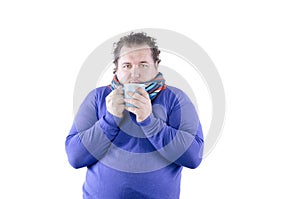 A funny fat man freezes. White background. Isolated