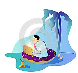 Funny fat man is resting on an inflatable ring and confers online. Freelance and distance work concept